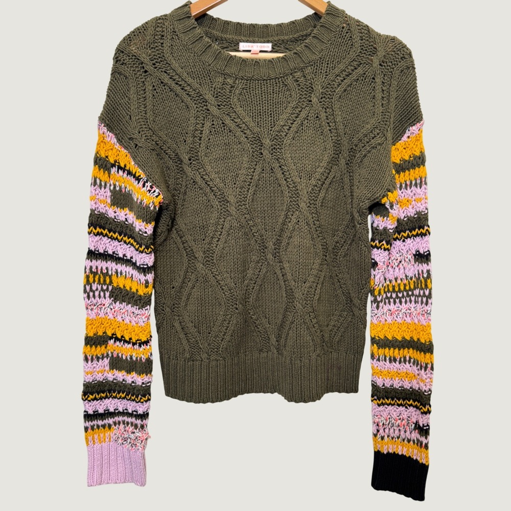 Lisa Todd Sweater S Olive Green Cable Knit Contrast Stripe Sleeve Boho Whimsical